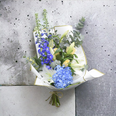 Fresh Garden Blooms Bouquet, Lily White, Hydrangea, Rose Creme, Eucalyptus, White Wrapping, Jute Tie